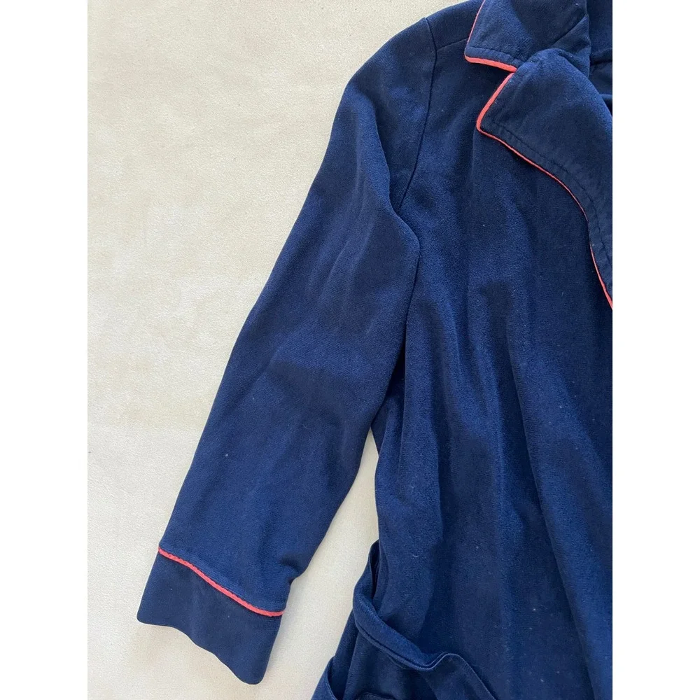 Vintage Pierre Cardin Navy Blue Full Length Robe Pink Trim Logo Embroidered
